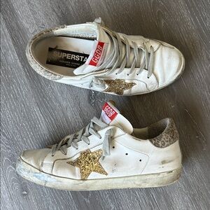 Golden Goose White Leather Sneakers with Gold Glitter Star Leopard back sz 37